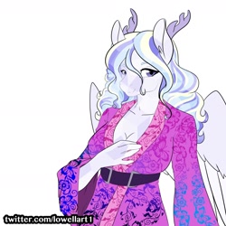 Size: 2400x2400 | Tagged: safe, artist:d-lowell, oc, oc only, oc:opalescence, anthro, crystal pony, pegasus, breasts, cleavage, clothes, female, kimono (clothing), mare, simple background, smiling, solo, white background