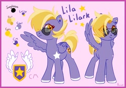 Size: 2048x1422 | Tagged: safe, artist:rosafi, imported from derpibooru, oc, oc:lila lilark, pegasus, cutie mark, pegasus oc, purple fur, reference sheet, sunglasses, white hooves, wings, yellow eyes, yellow mane