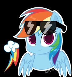 Size: 1358x1458 | Tagged: safe, artist:laylaelvy278, imported from derpibooru, rainbow dash, pegasus, pony, black background, bust, cute, cutie mark, dashabetes, female, mare, portrait, signature, simple background, smiling, solo, sunglasses, white outline