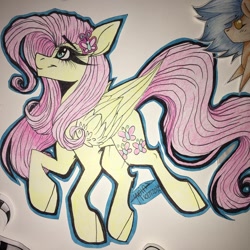 Size: 1080x1079 | Tagged: safe, artist:moshi.poni, imported from derpibooru, fluttershy, pegasus, pony, colored hooves, eyelashes, female, hairclip, looking up, mare, signature, smiling, solo, traditional art, wings