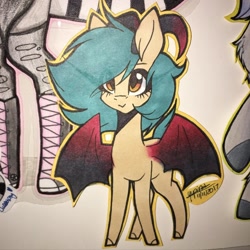 Size: 1080x1080 | Tagged: safe, artist:moshi.poni, imported from derpibooru, demon, demon pony, original species, pony, bat wings, clothes, colored hooves, converse, ear fluff, eyelashes, female, horns, mare, offscreen character, shoes, signature, smiling, traditional art, wings