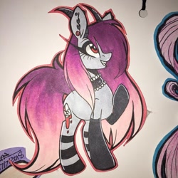 Size: 1080x1080 | Tagged: safe, artist:moshi.poni, imported from derpibooru, oc, oc only, pony, choker, clothes, ear fluff, ear piercing, female, grin, horns, looking up, mare, piercing, signature, smiling, socks, solo, traditional art