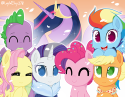 Size: 2700x2100 | Tagged: safe, artist:laylaelvy278, imported from derpibooru, applejack, fluttershy, pinkie pie, rainbow dash, rarity, spike, twilight sparkle, alicorn, dragon, earth pony, pegasus, pony, unicorn, the last problem, female, gigachad spike, group shot, high res, male, mane seven, mane six, mare, older, older applejack, older fluttershy, older mane six, older pinkie pie, older rainbow dash, older rarity, older spike, older twilight, princess twilight 2.0, signature, skunk stripe, smiling, twilight sparkle (alicorn)