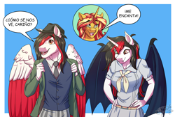 Size: 3795x2543 | Tagged: safe, artist:jack-pie, imported from derpibooru, imported from ponybooru, sunset shimmer, oc, anthro, bat pony, pegasus, unicorn, bat pony oc, bat wings, beastars, clothes, commission, high res, open mouth, pants, pegasus oc, spanish, wings