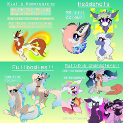 Size: 2160x2160 | Tagged: safe, artist:moshi.poni, imported from derpibooru, autumn blaze, coconut cream, toola roola, oc, alicorn, bat pony, earth pony, kirin, pony, unicorn, :p, advertisement, alicorn oc, bat pony oc, bat wings, blushing, bubblegum, bust, chest fluff, choker, commission info, curved horn, derp, ear fluff, ear piercing, eye clipping through hair, eyelashes, female, food, frog (hoof), gradient background, grin, gum, horn, horns, leonine tail, licking, licking lips, mare, piercing, smiling, tongue out, underhoof, unicorn oc, wings