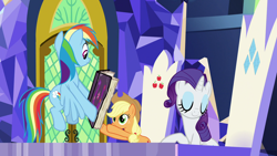 Size: 1920x1080 | Tagged: safe, imported from derpibooru, screencap, applejack, rainbow dash, rarity, earth pony, pegasus, pony, unicorn, fame and misfortune, book, female, friendship throne, mare, trio