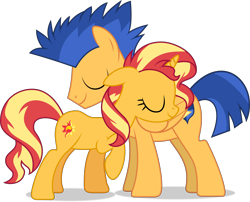 Size: 10662x8602 | Tagged: safe, artist:thatusualguy06, imported from derpibooru, flash sentry, sunset shimmer, pegasus, pony, unicorn, .svg available, absurd resolution, eyes closed, female, flashimmer, floppy ears, male, mare, raised hoof, shipping, show accurate, simple background, stallion, straight, transparent background, vector