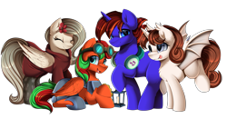 Size: 4309x2250 | Tagged: safe, artist:pridark, imported from derpibooru, imported from ponybooru, oc, oc only, oc:cosmic feather, oc:mello solo, alicorn, bat pony, bat pony alicorn, pegasus, pony, unicorn, alicorn oc, bat pony oc, bat wings, chest fluff, clothes, commission, crossed hooves, goggles, group, headphones, hoodie, horn, lantern, simple background, tongue out, transparent background, wings