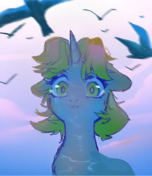 Size: 1080x1248 | Tagged: safe, artist:tingsan, imported from derpibooru, oc, oc only, bird, pony, unicorn, reflection, solo, teary eyes, water