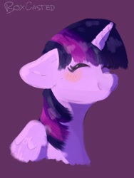 Size: 768x1024 | Tagged: safe, artist:notboxcasted, imported from derpibooru, twilight sparkle, alicorn, pony, blushing, bust, cute, eyes closed, floppy ears, happy, portrait, purple background, simple background, smiling, solo, twiabetes, twilight sparkle (alicorn)