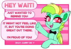 Size: 1820x1254 | Tagged: safe, artist:sickly-sour, imported from derpibooru, oc, oc only, oc:kokomo, bat pony, pony, bowtie, fangs, female, heart, mare, motivational, positive message, positive ponies, raised hoof, underhoof