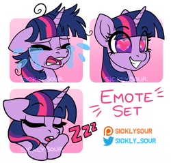 Size: 1179x1127 | Tagged: safe, artist:sickly-sour, imported from derpibooru, twilight sparkle, pony, unicorn, crying, emotes, eyes closed, female, floppy ears, heart eyes, mare, messy mane, onomatopoeia, open mouth, sleeping, smiling, solo, sound effects, wingding eyes, zzz