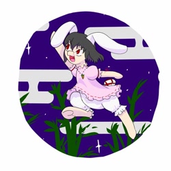 Size: 1024x1024 | Tagged: safe, artist:krev, imported from derpibooru, earth pony, pony, bunny ears, clothes, dress, female, inaba tewi, jumping, mare, ponified, solo, touhou