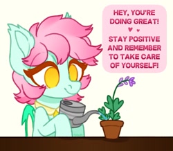 Size: 1185x1034 | Tagged: safe, artist:sickly-sour, imported from derpibooru, oc, oc only, oc:sweet pea, bat pony, pony, collar, female, mare, motivational, solo, text, watering can