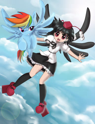 Size: 900x1174 | Tagged: safe, artist:mikarabidkitsune, imported from derpibooru, rainbow dash, bird, crow, human, original species, pegasus, tengu, youkai, clothes, crossover, duo, female, humanoid, karasu tengu, mare, shameimaru aya, skirt, sky, touhou