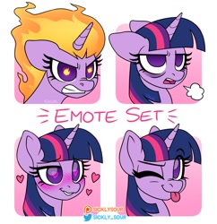 Size: 1197x1236 | Tagged: safe, artist:sickly-sour, imported from derpibooru, twilight sparkle, pony, unicorn, :p, ;p, angry, bags under eyes, blushing, breath, emotes, emoticon, female, fiery eyes, fire, flame eyes, floating heart, floppy ears, heart, heart eyes, mare, one eye closed, rapidash twilight, sigh, solo, tired, tongue out, unicorn twilight, visible breath, wingding eyes, wink