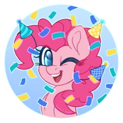 Size: 1214x1214 | Tagged: safe, artist:sickly-sour, imported from derpibooru, pinkie pie, earth pony, pony, confetti, female, hat, mare, one eye closed, party hat, solo, wink