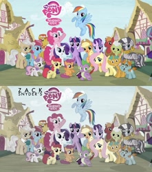 Size: 1809x2048 | Tagged: safe, edit, edited screencap, imported from derpibooru, screencap, apple bloom, applejack, big macintosh, carrot cake, cup cake, fluttershy, granny smith, mayor mare, pinkie pie, rainbow dash, rarity, scootaloo, snails, snips, spike, starlight glimmer, sweetie belle, twilight sparkle, zecora, alicorn, dragon, earth pony, pegasus, pony, unicorn, zebra, book, female, male, mane seven, mane six, mare, meme, ponyville, poster, quill, twilight sparkle (alicorn), zack snyder, zack snyder's justice league