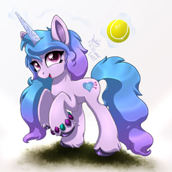 Size: 1500x1500 | Tagged: safe, artist:joakaha, imported from derpibooru, imported from ponybooru, izzy moonbow, pony, unicorn, ball, cloven hooves, cutie mark, female, g5, izzy's tennis ball, levitation, magic, mare, open mouth, raised hoof, raised leg, solo, telekinesis, tennis ball