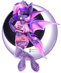 Size: 1121x1330 | Tagged: safe, artist:sickly-sour, imported from derpibooru, oc, oc only, oc:midnight mist, anthro, bat pony, unguligrade anthro, fangs, female, fishnets, jewelry, mare, solo, tiara, wings
