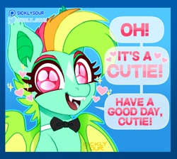 Size: 1200x1075 | Tagged: safe, artist:sickly-sour, imported from derpibooru, oc, oc only, oc:kokomo, bat pony, pony, bowtie, fangs, female, mare, motivational, solo, text