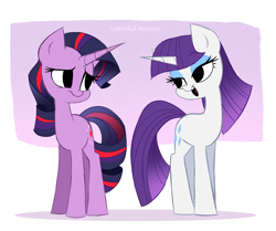 Size: 2451x2048 | Tagged: safe, artist:syrupyyy, imported from derpibooru, rarity, twilight sparkle, pony, unicorn, alternate hairstyle, bedroom eyes, duo, eyeshadow, female, hair swap, lidded eyes, looking at each other, makeup, mane swap, mare, open mouth, rarity hair, unicorn twilight