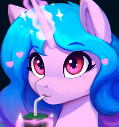 Size: 1500x1598 | Tagged: safe, artist:mrscroup, imported from derpibooru, izzy moonbow, pony, unicorn, aura, blushing, bust, cute, drink, drinking, drinking straw, eye shimmer, eyebrows, eyebrows visible through hair, featured image, female, floating heart, g5, glowing, glowing horn, heart, horn, izzybetes, juice, juice box, levitation, magic, mare, portrait, solo, sparkles, straw, straw in mouth, telekinesis, wingdings