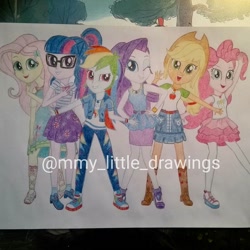 Size: 1080x1080 | Tagged: safe, artist:mmy_little_drawings, imported from derpibooru, applejack, fluttershy, pinkie pie, rainbow dash, rarity, sci-twi, twilight sparkle, equestria girls, equestria girls series, clothes, converse, female, glasses, hat, humane five, humane six, open mouth, pants, shoes, skirt, smiling, torn clothes, traditional art, watermark