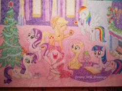 Size: 1080x810 | Tagged: safe, artist:mmy_little_drawings, imported from derpibooru, applejack, fluttershy, pinkie pie, rainbow dash, rarity, spike, starlight glimmer, twilight sparkle, alicorn, earth pony, pegasus, pony, unicorn, book, christmas, christmas lights, christmas tree, eyes closed, female, fireplace, flying, holiday, hoof hold, horn, indoors, looking up, lying down, male, mane seven, mane six, open mouth, prone, reading, traditional art, tree, twilight sparkle (alicorn), watermark