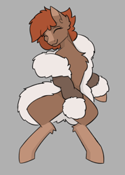 Size: 2500x3500 | Tagged: safe, artist:sneetymist, imported from derpibooru, oc, oc only, oc:soft coffee, earth pony, pony, clothes, coat markings, female, fluffy, fur coat, jacket, lying down, mare, no tail, parka, partial nudity, simple background, socks (coat markings), solo, winter outfit