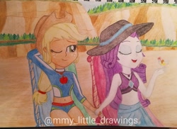 Size: 1080x786 | Tagged: safe, artist:mmy_little_drawings, imported from derpibooru, applejack, rarity, equestria girls, equestria girls series, arm behind head, clothes, eyes closed, female, hat, holding hands, lesbian, one eye closed, outdoors, rarijack, shipping, sitting, sun hat, swimsuit, traditional art, watermark, wink