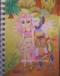 Size: 1017x1271 | Tagged: safe, artist:mmy_little_drawings, imported from derpibooru, fluttershy, rainbow dash, equestria girls, legend of everfree, bush, clothes, converse, dress, eyelashes, eyes closed, female, flutterdash, flying, grin, lesbian, outdoors, ponied up, shipping, shoes, shorts, side hug, sleeveless, smiling, traditional art, tree, watermark, wings