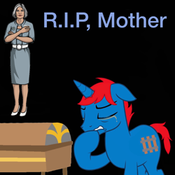 Size: 900x900 | Tagged: safe, artist:ry-bluepony1, imported from derpibooru, oc, oc:train track, human, pony, unicorn, the parent map, archer (show), base used, coffin, crying, eyes closed, floppy ears, funeral, implied death, jessica walter, memorial, rest in peace, sad, show accurate, tears of pain, teeth, wavy mouth