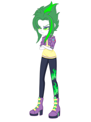 Size: 1280x1708 | Tagged: safe, artist:ocean-drop, imported from derpibooru, oc, oc only, oc:gem stone, dracony, dragon, hybrid, pony, equestria girls, boots, clothes, crossed arms, equestria girls-ified, female, grumpy, high heel boots, interspecies offspring, jacket, offspring, pants, parent:rarity, parent:spike, parents:sparity, shoes, simple background, solo, transparent background