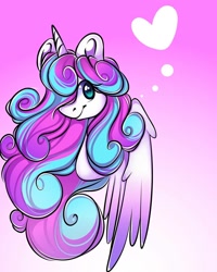 Size: 1080x1350 | Tagged: safe, artist:tessa_key_, imported from derpibooru, princess flurry heart, alicorn, pony, bust, eyelashes, female, gradient background, heart, horn, mare, older, older flurry heart, smiling, solo, wings