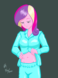 Size: 800x1067 | Tagged: safe, artist:mayorlight, imported from derpibooru, princess cadance, equestria girls, friendship games, belly button, clothes, dean cadance, digital art, early pregnancy, implied flurry heart, open clothes, open shirt, pajamas, procreate app, simple background, solo