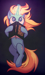 Size: 1485x2466 | Tagged: safe, artist:petruse4ka, imported from derpibooru, oc, oc:skydreams, pony, unicorn, fallout equestria, book, commission, female, glowing horn, hiding behind book, horn, mare, ych result