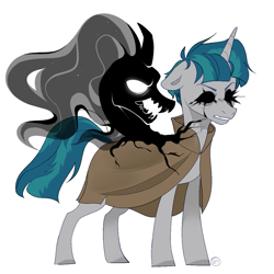 Size: 1205x1205 | Tagged: safe, artist:naumoronn, imported from derpibooru, pony of shadows, stygian, pony, unicorn, black sclera, cloak, clothes, male, possessed, simple background, stallion, white background