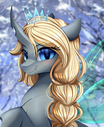 Size: 1446x1764 | Tagged: safe, artist:pridark, imported from derpibooru, oc, oc only, changeling, beautiful, blue eyes, blushing, bust, commission, cute, female, horn, looking at you, portrait, pretty, raised hoof, smiling, solo