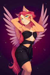 Size: 862x1280 | Tagged: safe, artist:hakkids2, imported from derpibooru, oc, oc only, anthro, pegasus, bedroom eyes, blaze (coat marking), breasts, clothes, coat markings, commission, delicious flat chest, digital art, dress, facial markings, female, looking at you, pose, simple background, solo, solo female, spread wings, tail, thighs, wide hips, wings