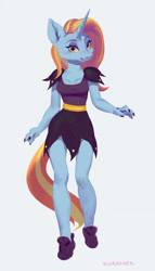 Size: 730x1280 | Tagged: safe, artist:kurazhek, imported from derpibooru, sassy saddles, anthro, unguligrade anthro, unicorn, bedroom eyes, breasts, clothes, digital art, dress, female, horn, looking at you, shoes, simple background, solo, solo female, tail, thighs, white background, wide hips
