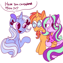 Size: 1280x1280 | Tagged: safe, artist:ask-the-future-six, imported from derpibooru, luster dawn, starlight glimmer, sunburst, trixie, pony, unicorn, auntie trixie, baby, baby luster dawn, baby pony, dialogue, female, inconvenient trixie, luster dawn is starlight's and sunburst's daughter, male, shipping, simple background, starburst, starlight glimmer is not amused, starlight is not amused, straight, swaddled baby, unamused, white background, younger