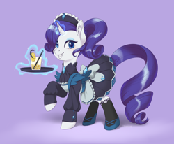 Size: 4250x3500 | Tagged: safe, artist:taytinabelle, imported from derpibooru, part of a set, rarity, pony, unicorn, alternate hairstyle, apron, blushing, bow, clothes, cute, cutie mark accessory, dress, drink, ear fluff, female, food, gradient background, grin, hair bun, juice, lemon, lemonade, long sleeves, looking at you, magic, maid, maid headdress, maidity, mare, ponytail, purple background, raised hoof, raribetes, shoes, simple background, smiling, socks, solo, straw, tray