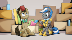 Size: 2560x1440 | Tagged: safe, artist:mysticalpha, imported from derpibooru, doctor whooves, time turner, oc, oc:cloud zapper, armor, bowtie, bowties are cool, cardboard box, doctor who, fez, hat, male, royal guard, royal guard armor, royal guard oc, stallion, the doctor