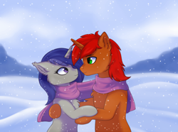 Size: 960x716 | Tagged: safe, artist:alune, artist:alunedoodle, imported from derpibooru, oc, oc only, oc:rayven, oc:teris, pony, unicorn, chest fluff, clothes, scarf, shared clothing, shared scarf, snow, snowfall, winter