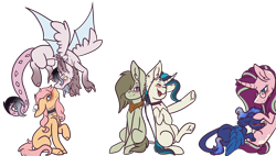 Size: 3970x2248 | Tagged: safe, artist:articfoxdraws, imported from derpibooru, oc, oc only, oc:aria, oc:farren, oc:kohen, oc:leona, oc:lunar, oc:nixon, oc:seburas, earth pony, hybrid, unicorn, blushing, boop, choker, cuddling, draconequus hybrid, earbuds, earth pony oc, female, gay, glasses, horn, interspecies offspring, lesbian, magical lesbian spawn, male, next generation, noseboop, oc x oc, offspring, offspring shipping, parent:big macintosh, parent:braeburn, parent:discord, parent:fluttershy, parent:marble pie, parent:octavia melody, parent:princess celestia, parent:princess luna, parent:starlight glimmer, parent:sunburst, parent:vinyl scratch, parents:braeble, parents:dislestia, parents:fluttermac, parents:lunacord, parents:scratchtavia, parents:starburst, sharing headphones, shipping, simple background, straight, transparent background, unicorn oc