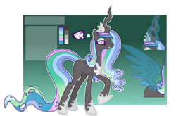 Size: 3153x2082 | Tagged: safe, artist:reptaurdrawsmlp, artist:tired-horse-studios, imported from derpibooru, princess celestia, queen chrysalis, oc, oc only, changepony, hybrid, pony, female, fusion, magical lesbian spawn, offspring, parent:princess celestia, parent:queen chrysalis, parents:chryslestia, reference sheet, solo