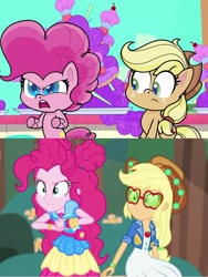 Size: 1717x2289 | Tagged: safe, boulder media, dhx media, edit, edited screencap, imported from derpibooru, screencap, applejack, pinkie pie, earth pony, human, pony, accountibilibuddies, equestria girls, equestria girls series, my little pony: pony life, pie vs. pie, spoiler:choose your own ending (season 2), spoiler:eqg series (season 2), accountibilibuddies: pinkie pie, allspark animation, angry, applejack's hat, bipedal, comparison, cowboy hat, duo, duo female, entertainment one, female, festival, g4.5, geode of sugar bombs, hat, magical geodes, mare, music festival outfit, open mouth, pinkie pie is not amused, pony life, pony life interpretation, same energy, scene interpretation, sitting, sugarcube corner, unamused