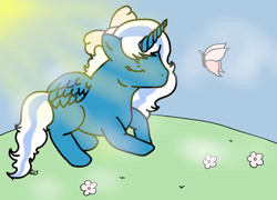 Size: 1600x1149 | Tagged: safe, artist:adoptishop, imported from derpibooru, oc, oc:fleurbelle, alicorn, butterfly, alicorn oc, bow, cloud, eyes closed, flower, grass, hair bow, horn, sky, sun, wings