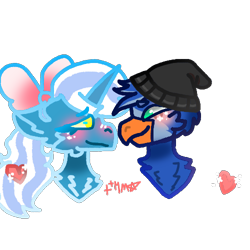 Size: 500x500 | Tagged: safe, artist:halfmoonarts, imported from derpibooru, oc, oc:fleurbelle, oc:lord ben maza, alicorn, griffon, alicorn oc, beanie, beanie hat, blushing, bow, chest fluff, female, green eyes, griffon oc, hair bow, hat, heart, horn, mare, simple background, transparent background, wings, yellow eyes